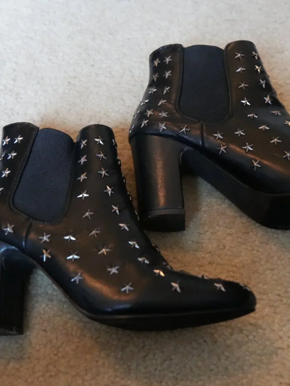 Vintage Havana Black Leather Star Studded Heeled Booties